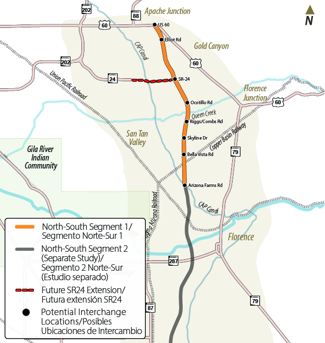 Corridor map highlighting Segment 1 of the corridor from US 60 to Arizona Farms Road and all potential interchange locations which includes: Elliot Road, SR 24, Ocotillo Road, Riggs/Combs Road, Skyline Drive, Bella Vista Road and Arizona Farms Road 